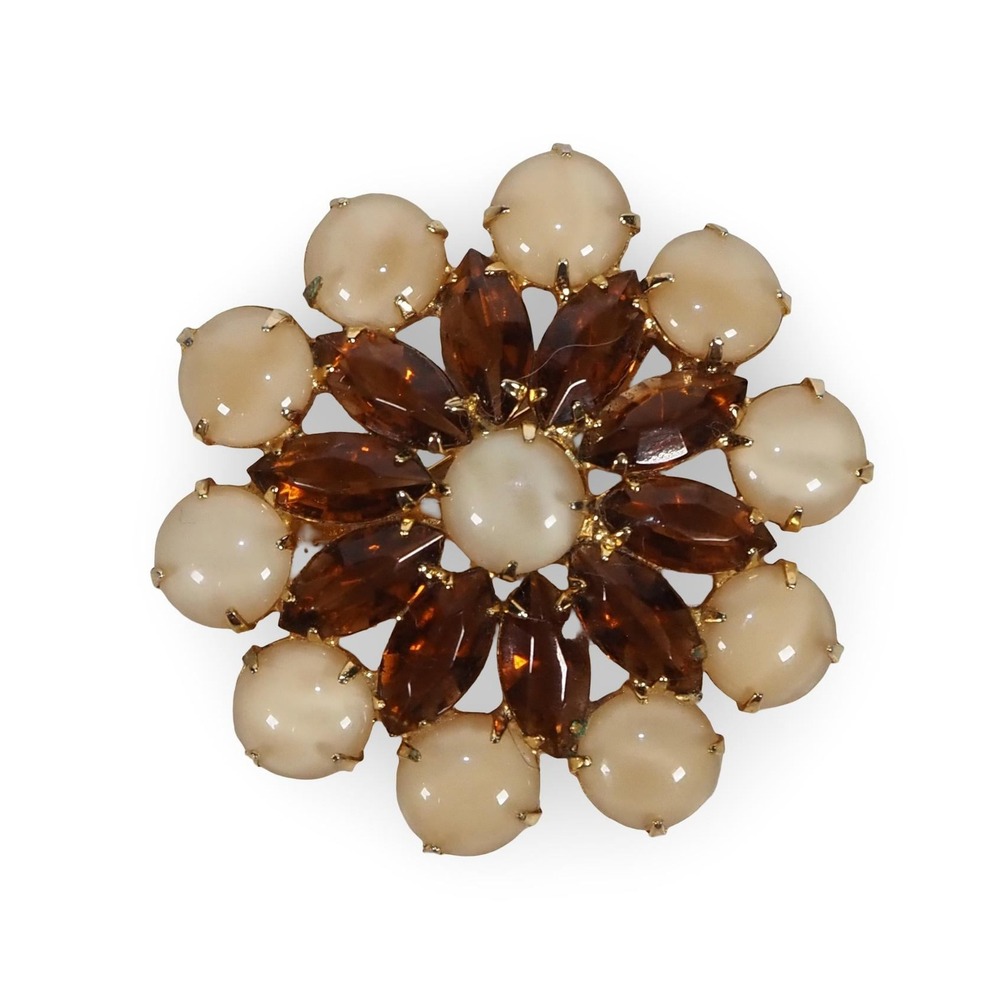 Vintage Amber Brown Rhinestone Cream Cabochon Cluster Brooch Gold Tone 2.5in